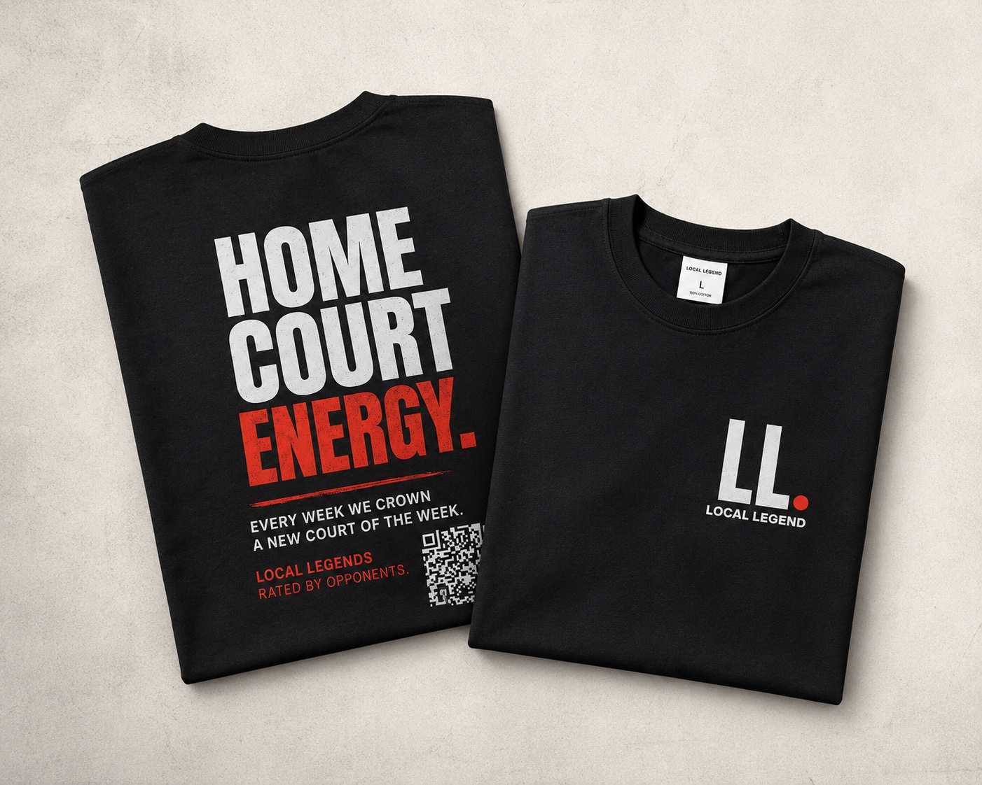 Stacked Local Legend tees — Home Court Energy and the LL. wordmark tee, folded.