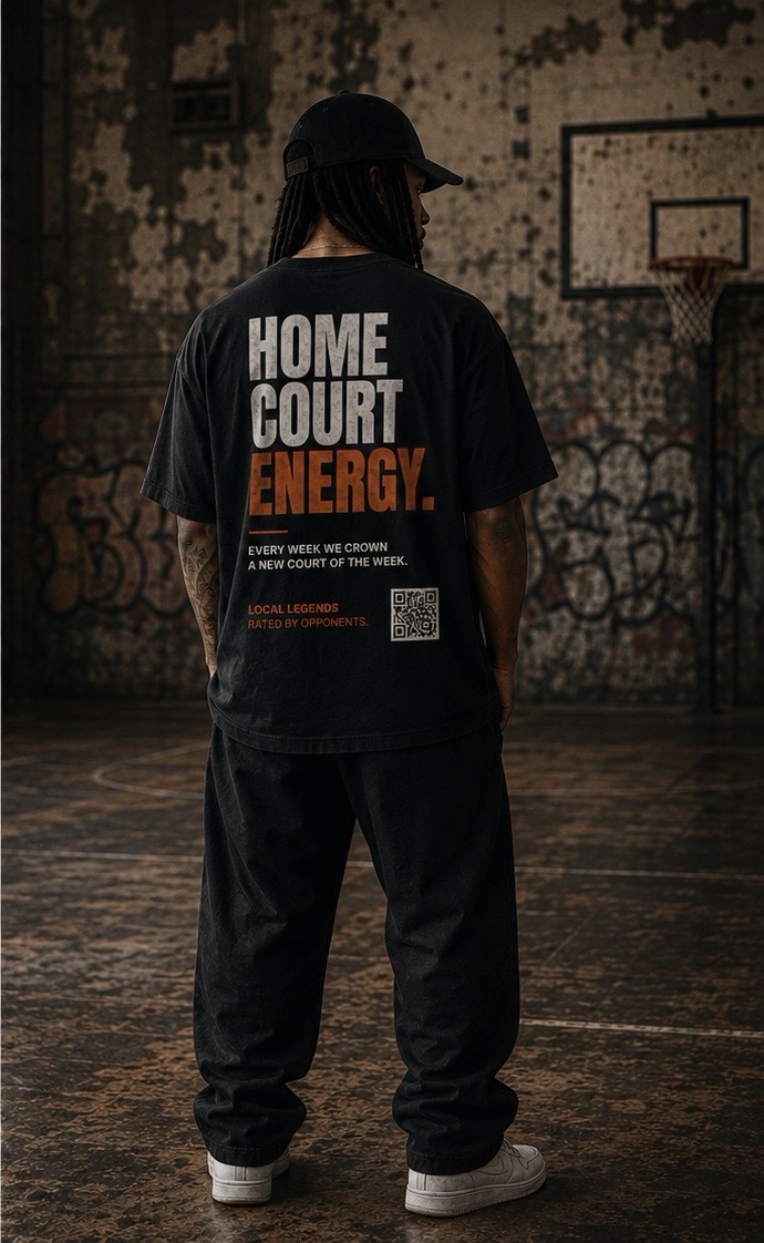 Home Court Energy tee — back print, modeled on a graffitied outdoor court.