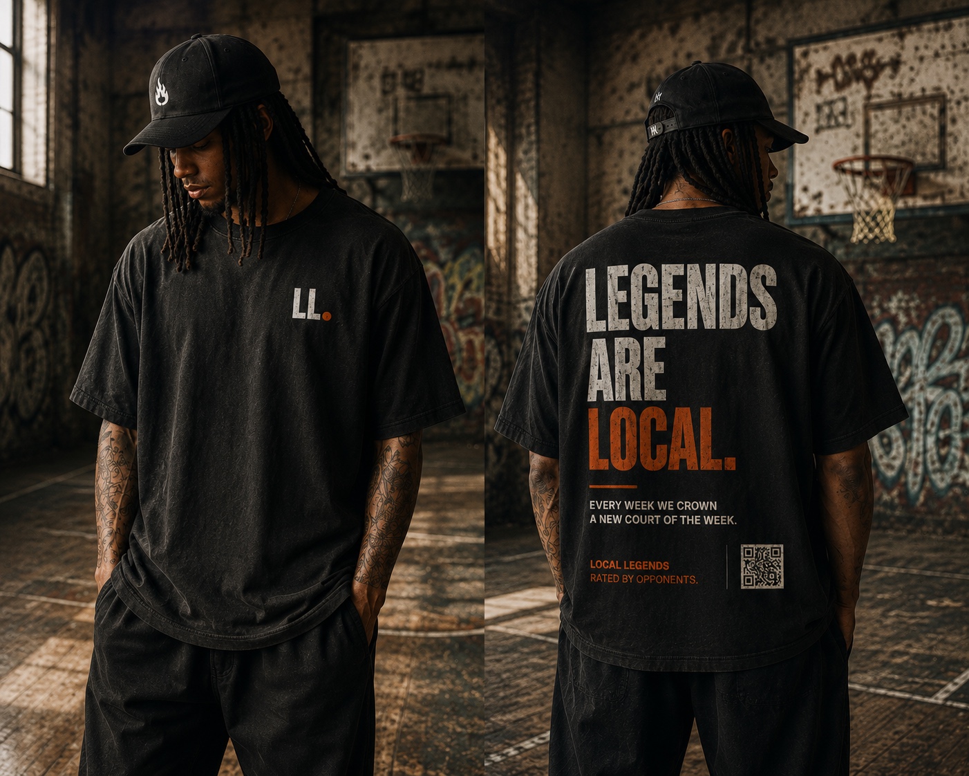 Legends Are Local tee — front LL. mark and back stacked print.