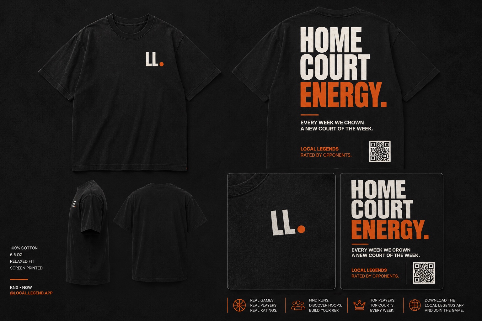 Local Legend tee — full product sheet with front LL. mark, back Home Court Energy print, and spec callouts.